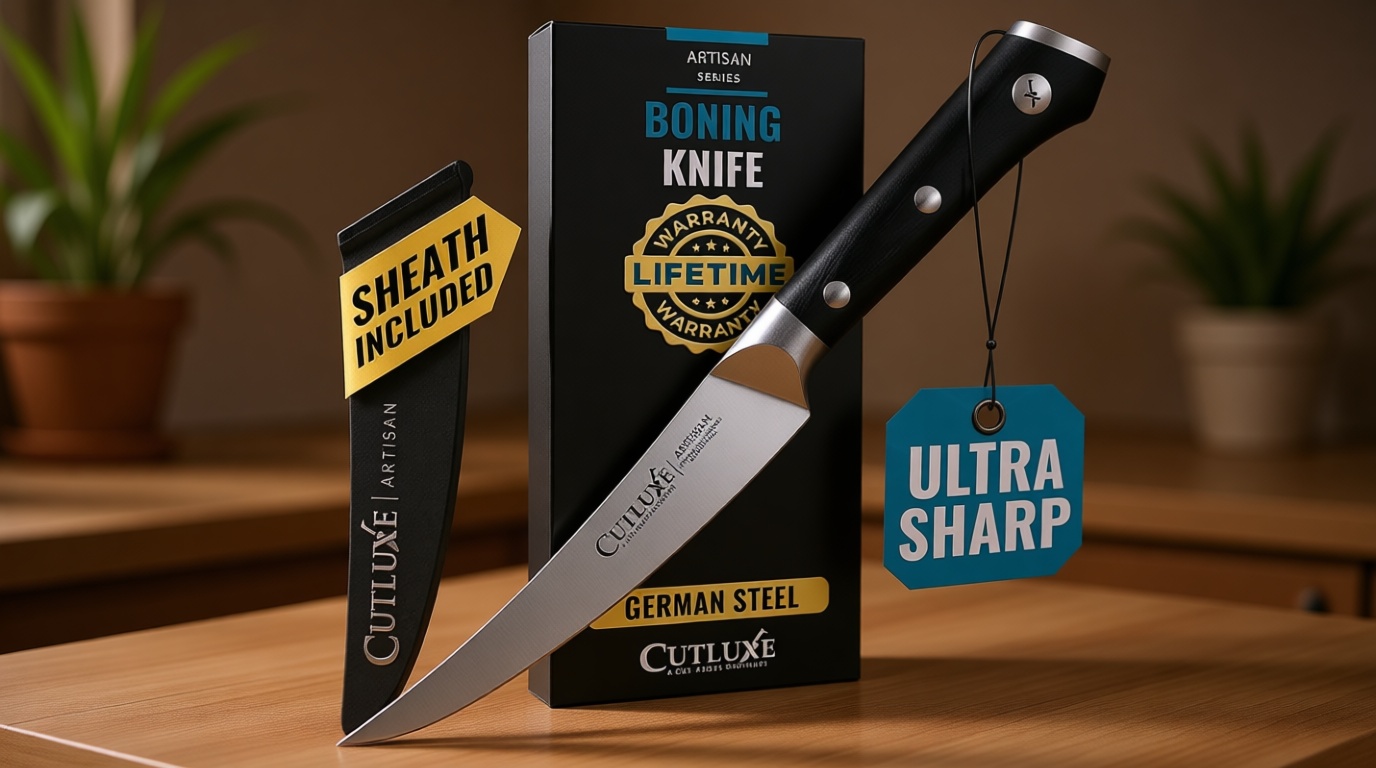 Cutluxe Curved Boning Knife – 6 inch Boning Knife for Meat Cutting, Filleting – High Carbon German Steel, Full Tang & Ergonomic Handle Design – Artisan Series ClimatePartner certified