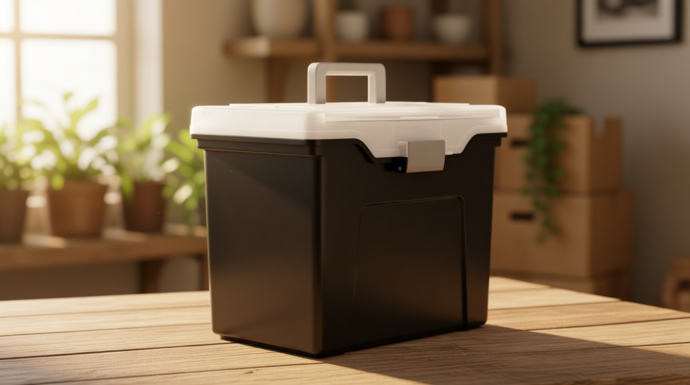 STAPLES File Folder Tote, Portable Filing Box for Letter SIze Hanging Folders, Security Latch & Built-In Lid Organizer, Black/Clear