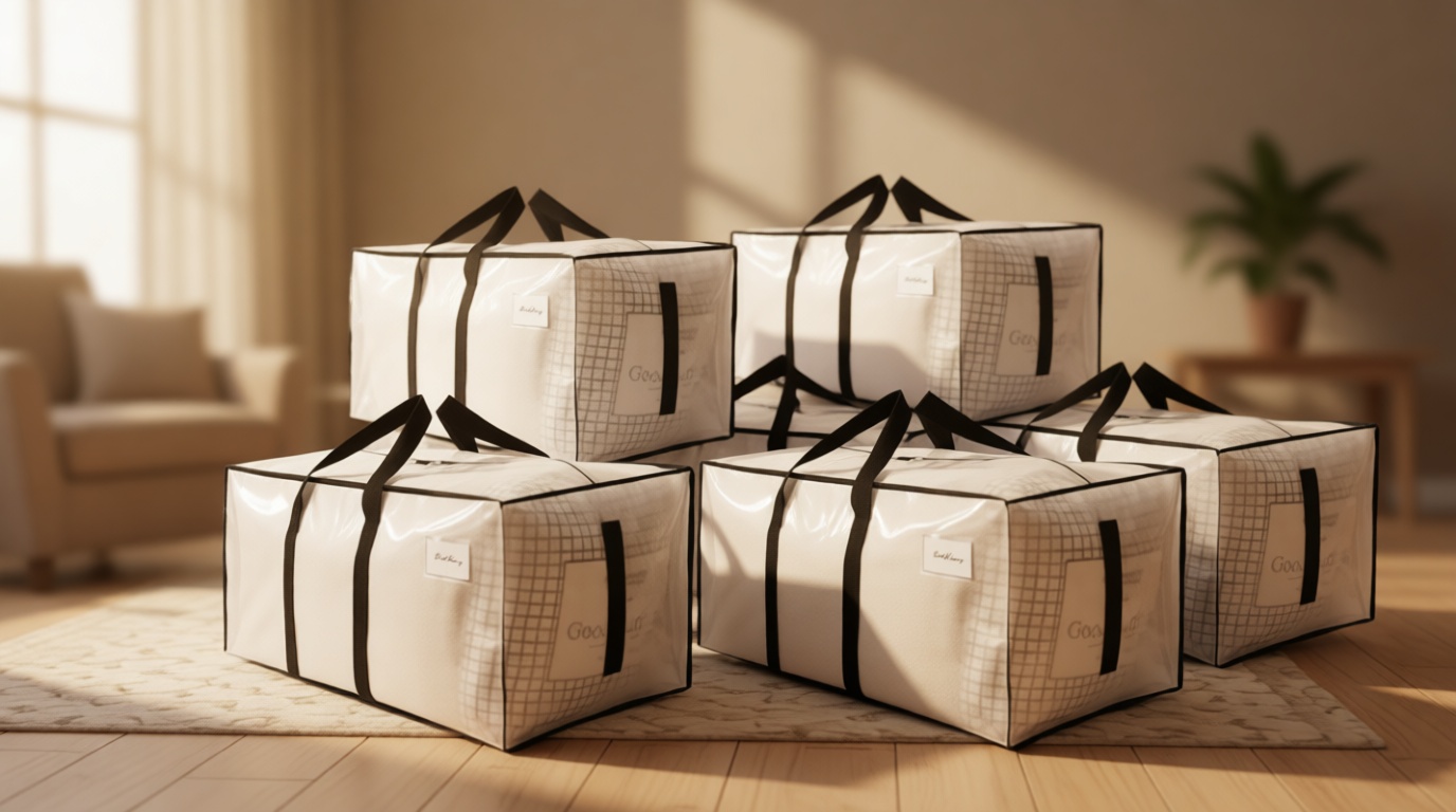 HOMESURE 8 Pack Large Strong Moving Bags with Zippers & Carrying Handles - Water-Resistant - Heavy Duty Storage Tote for Space Saving, Fold Flat, Alternative to Moving Box (Semi-Transparent)