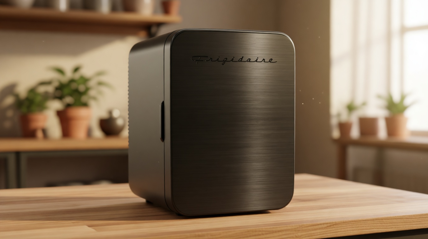 Frigidaire Mini Personal Fridge Cooler, Countertop, Holds Up to 10L/15 Cans, Brushed Black Stainless Rugged Design, Portable for Skincare, Makeup, Car, Office, Bedroom, Dorm Room, or Cabin