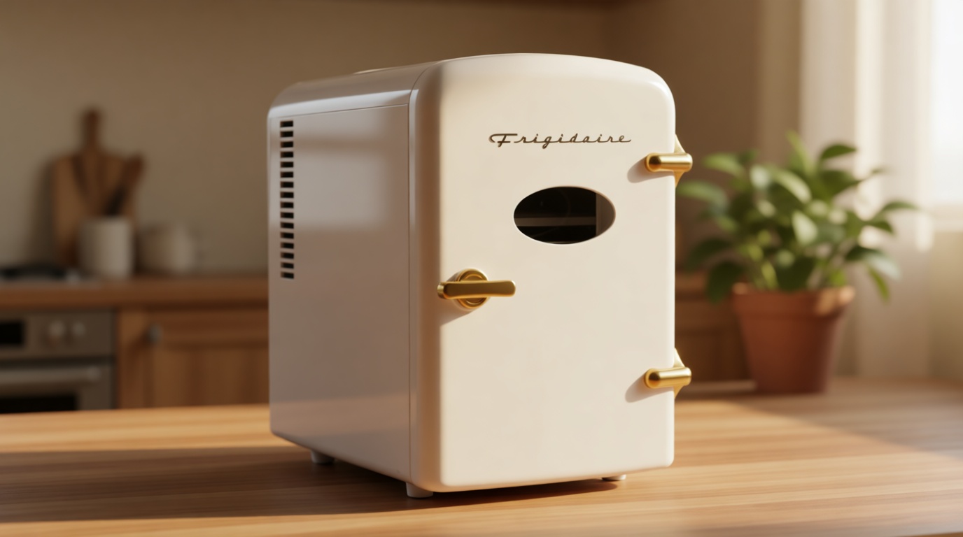Frigidaire Retro Mini Personal Fridge Cooler, Holds up to 9 Cans, Portable for Car, Office, Bedroom, Dorm Room, or Cabin, Includes 110V AC and 12V DC cords - White Gold (Special Edition Color)