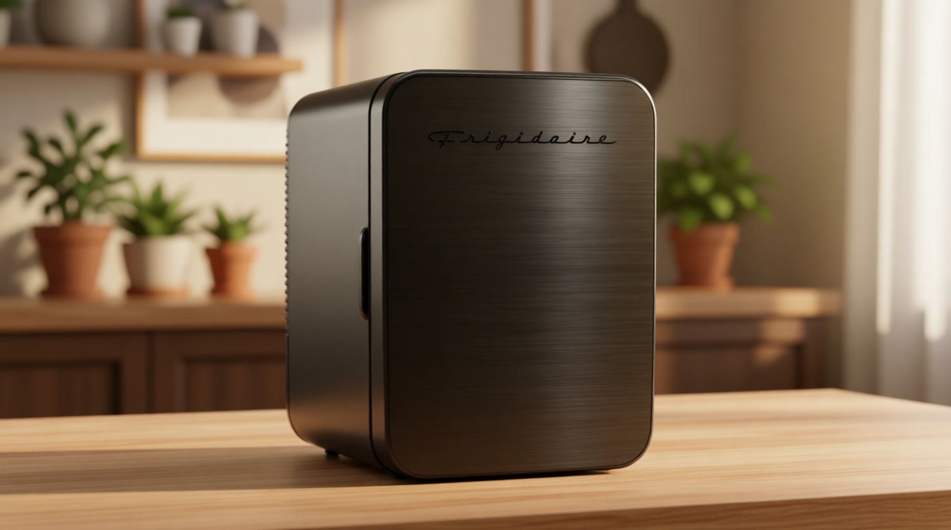 Frigidaire Mini Personal Fridge Cooler, Countertop, Holds Up to 10L/15 Cans, Brushed Black Stainless Rugged Design, Portable for Skincare, Makeup, Car, Office, Bedroom, Dorm Room, or Cabin
