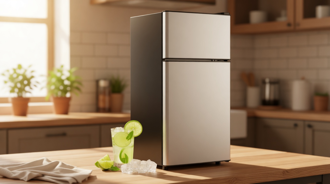 DEMULLER Mini Fridge with Freezer, 45L Personal Refrigerator Only for One Person Use, Silver Tiny Small Size Refrigerator with 7 Level Adjustable Temperature and Double Door