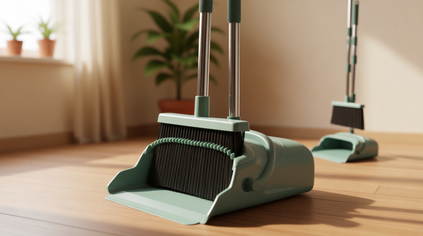 kelamayi Upgrade Broom and Dustpan Set, Large Size and with Long Handle, Upright,Ideal for Indoor Outdoor Garage Kitchen Room Office Lobby Use (Green)