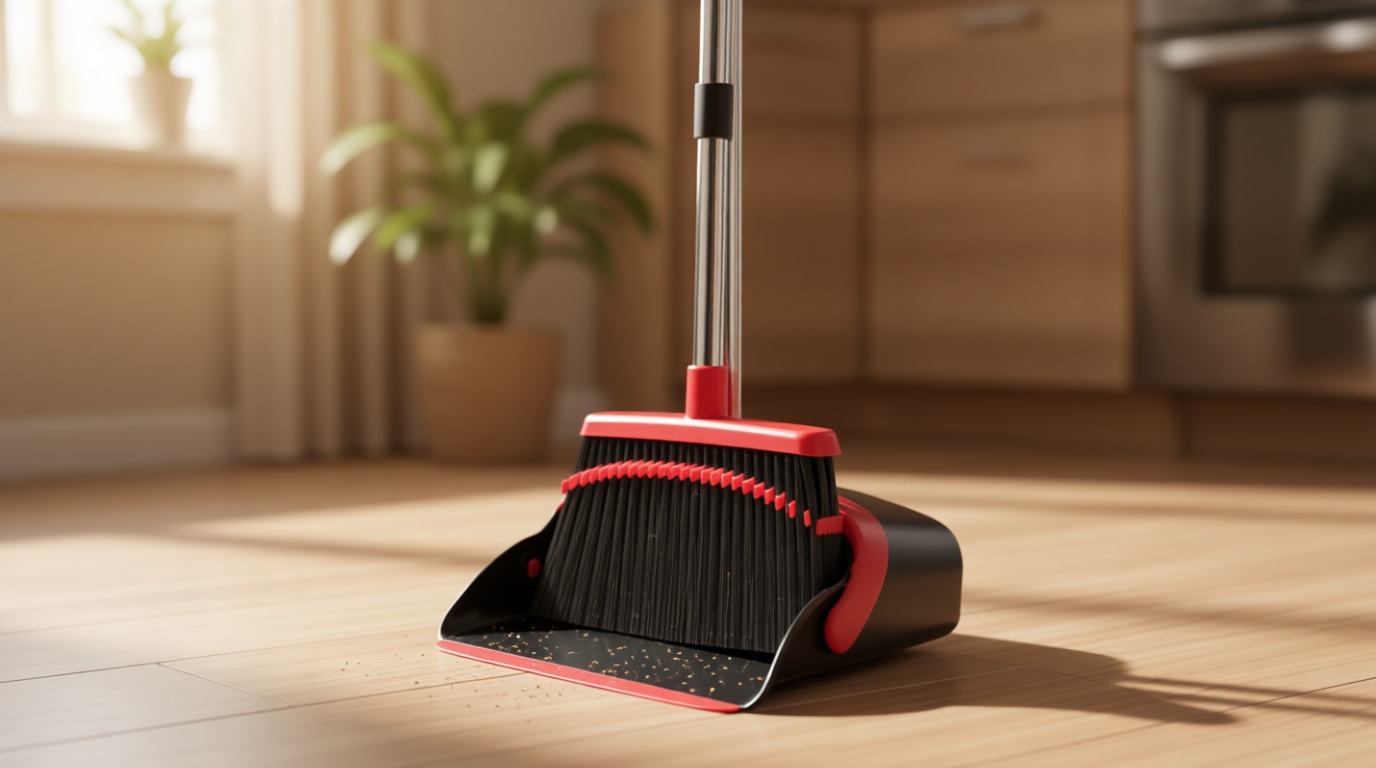 NACENA Broom and Dustpan Set, 52-in Long Adjustable Handle Broom Dustpan Combo with Dustpan Teeth to Automatically Clean Hair Suitable for Home Kitchen Office Hall Floor（Black&Red）