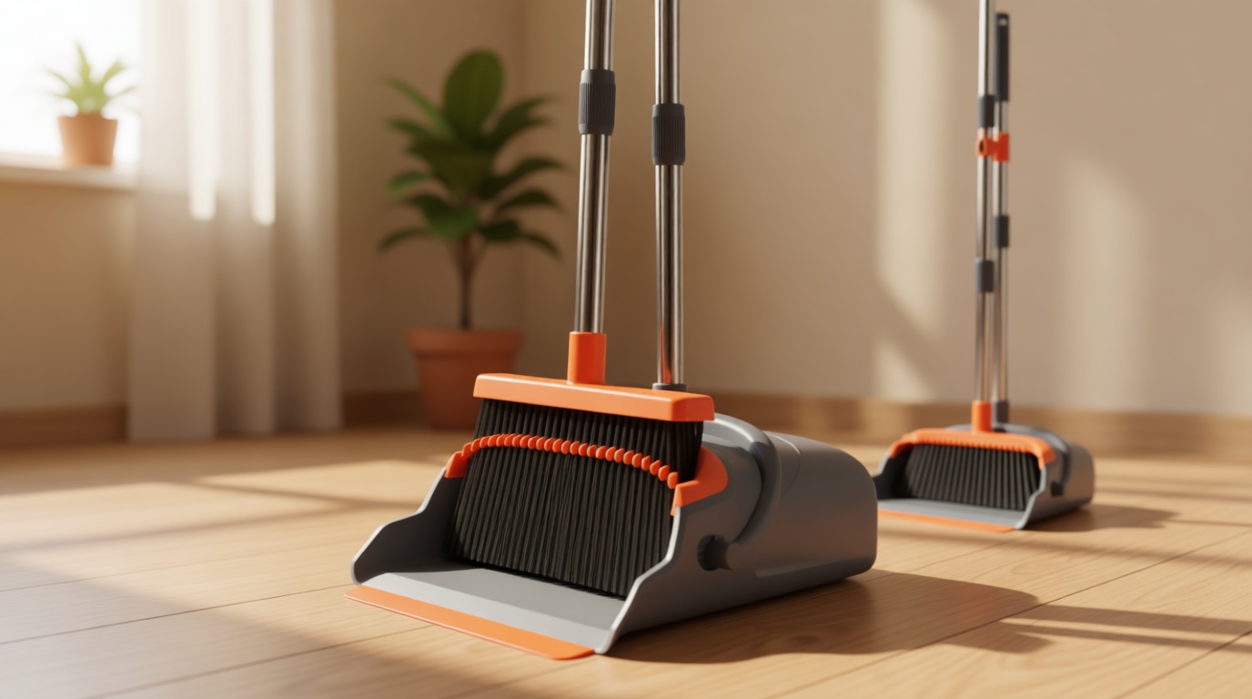 kelamayi Upgrade Broom and Dustpan Set, Self-Cleaning with Dustpan Teeth, Indoor&Outdoor Sweeping, Ideal for Dog Cat Pets Home Use, Stand Up Broom and Dustpan (Gray&Orange)