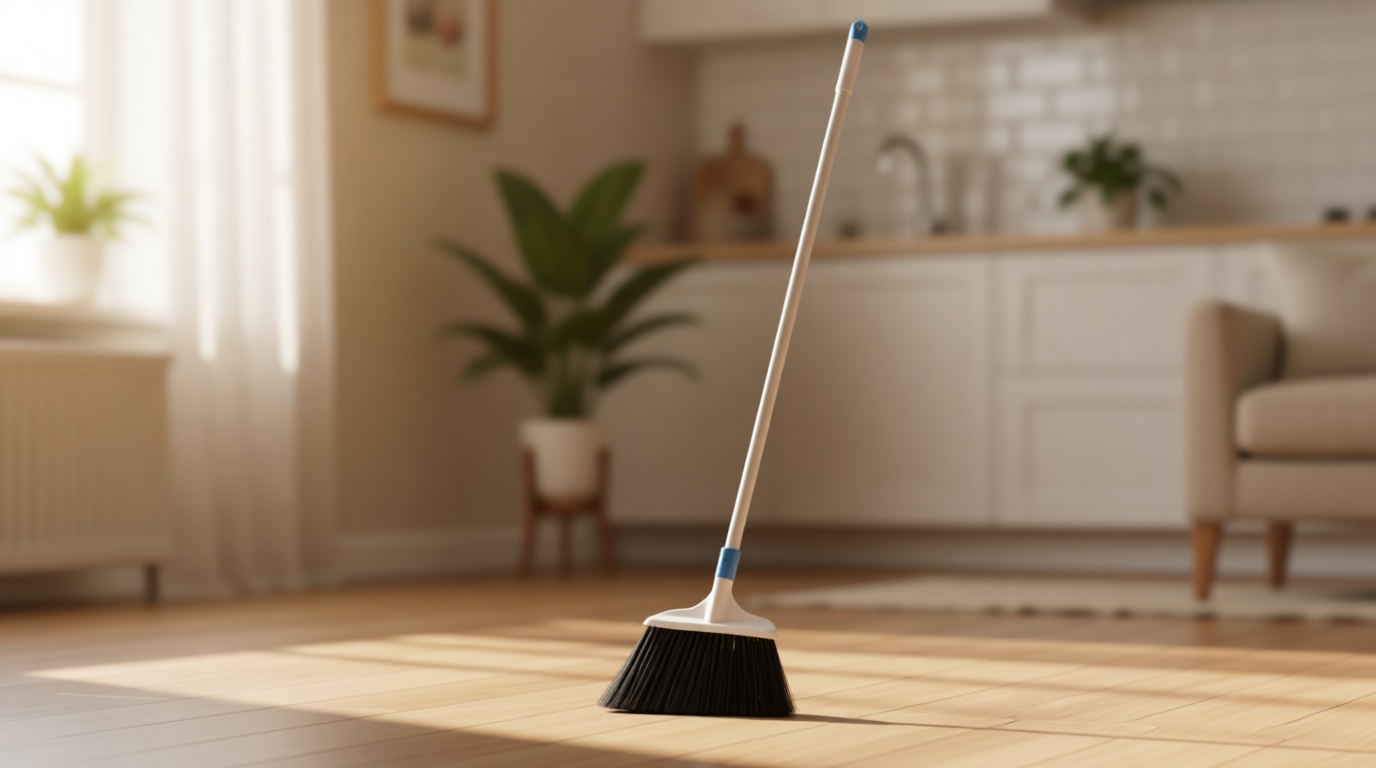 Amazon Basics Heavy-Duty Floor Cleaning Broom with Stiff Bristles, Sturdy 3-Piece Handle, Easy to Assemble, Indoor Outdoor Use for Driveways and Sidewalks, Blue and White