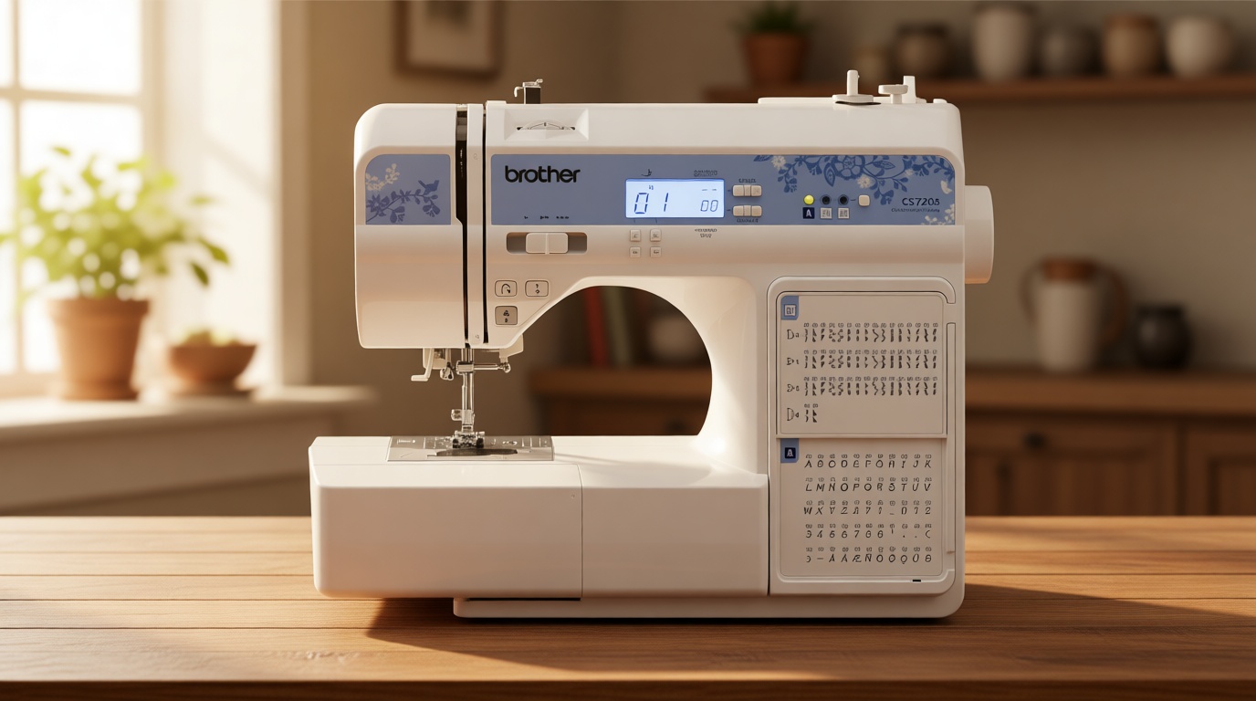 Brother CS7205 Computerized Machine, 150 Built Stitches, 1 Font, Wide Table, 11 Sewing Feet, White