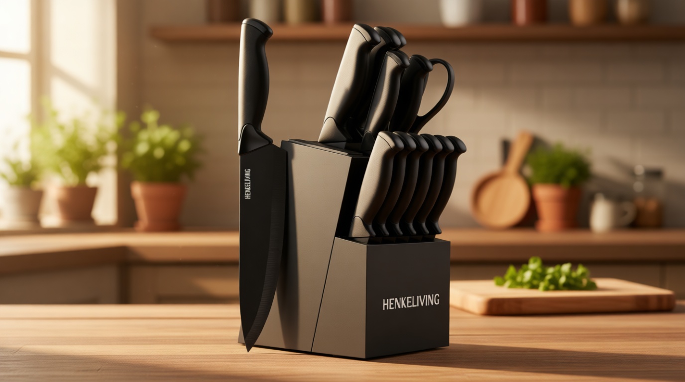 Knife Set, 14-Piece Kitchen Knives Set with Block, Built-in Sharpener, German High Carbon Stainless Steel, Ergonomic Non-Slip Handles, Black Recycled Claim Standard Blended