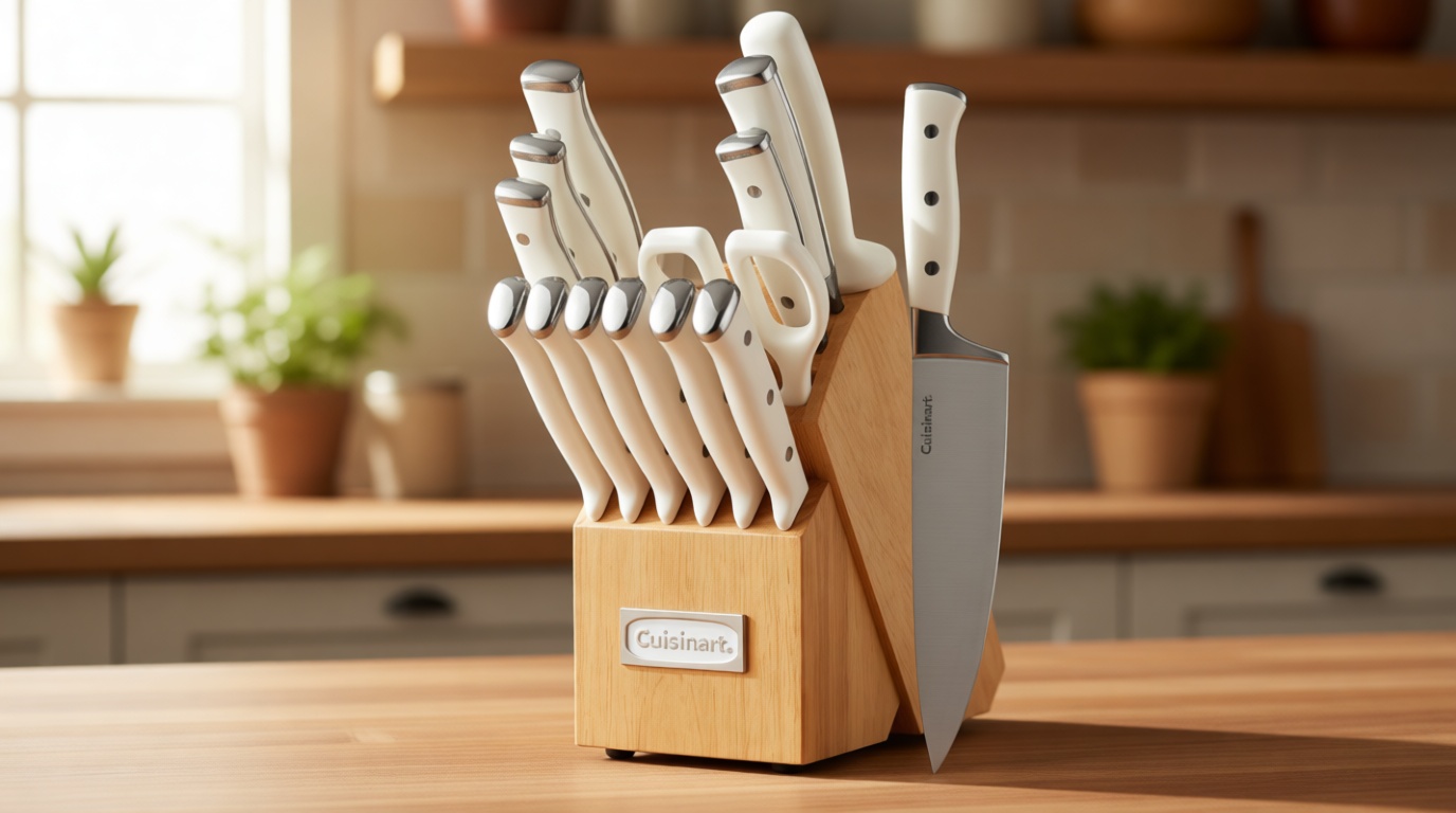Cuisinart 15-Piece Knife Set with Block, High Carbon Stainless Steel, Forged Triple Rivet, White, C77WTR-15P