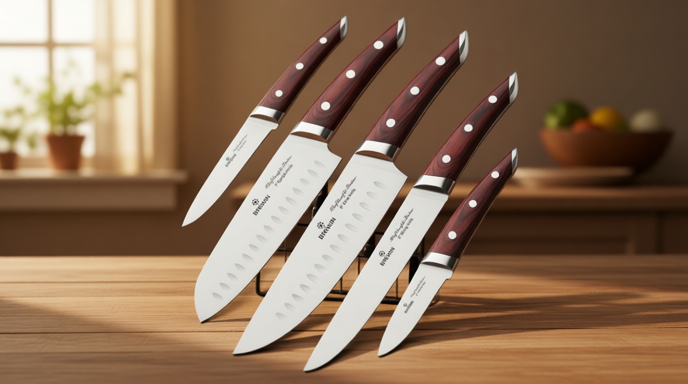 Brewin CHEFILOSOPHI Japanese Chef Knife Set 5 PCS with Elegant Red Pakkawood Handle Ergonomic Design,Professional Ultra Sharp Kitchen Knives for Cooking High Carbon Stainless Steel