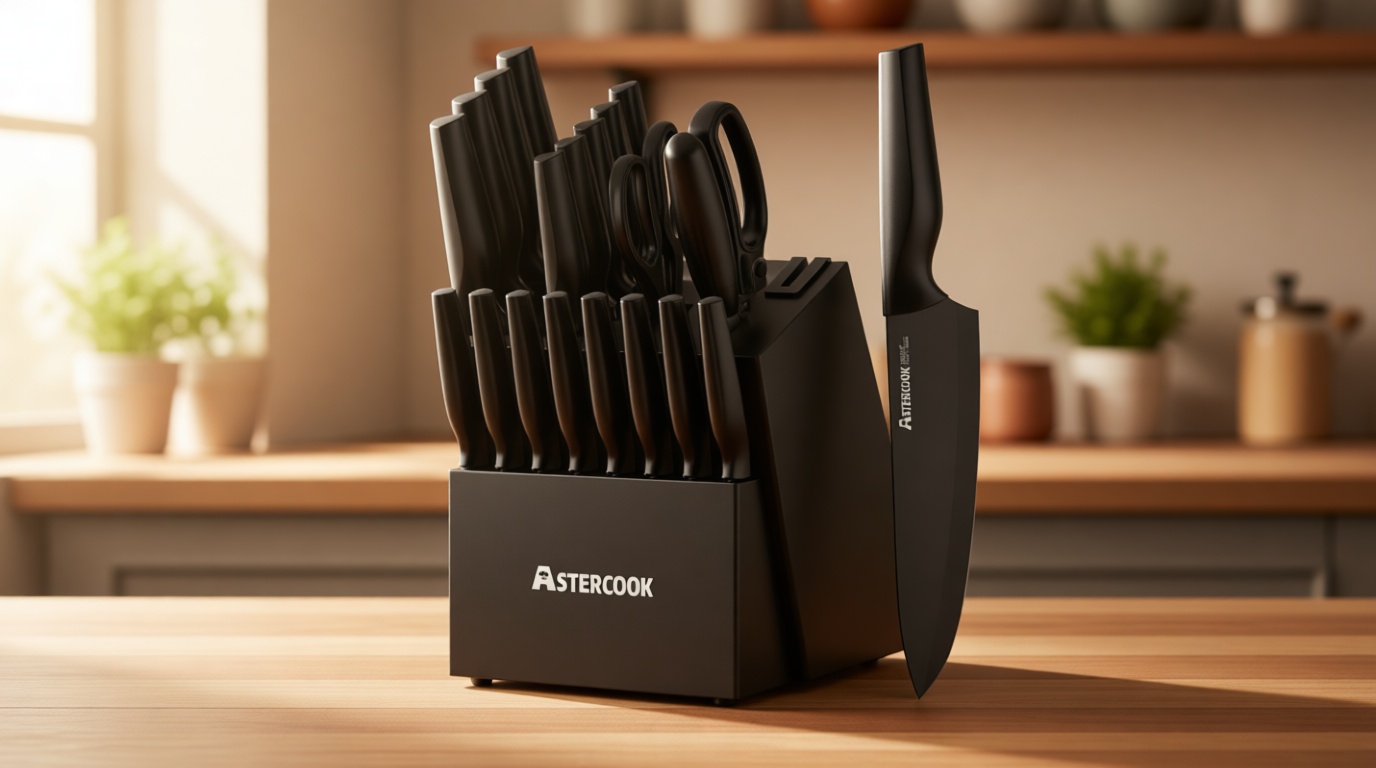 Knife Set, Astercook 21 Pieces Knife Sets for Kitchen with Block, Dishwasher Safe Kitchen Knife Set with Built-in Sharpener, German Stainless Steel Black Knife Block Set