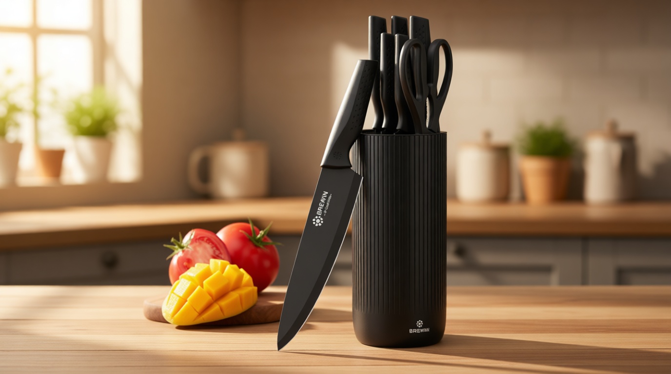 Knife Set, Brewin Kitchen Knife Set, Knives Set for Kitchen, Universal Knife Block, Utility Knife Block Set, New Home Essentials, Apartment Essentials, Dishwasher Safe