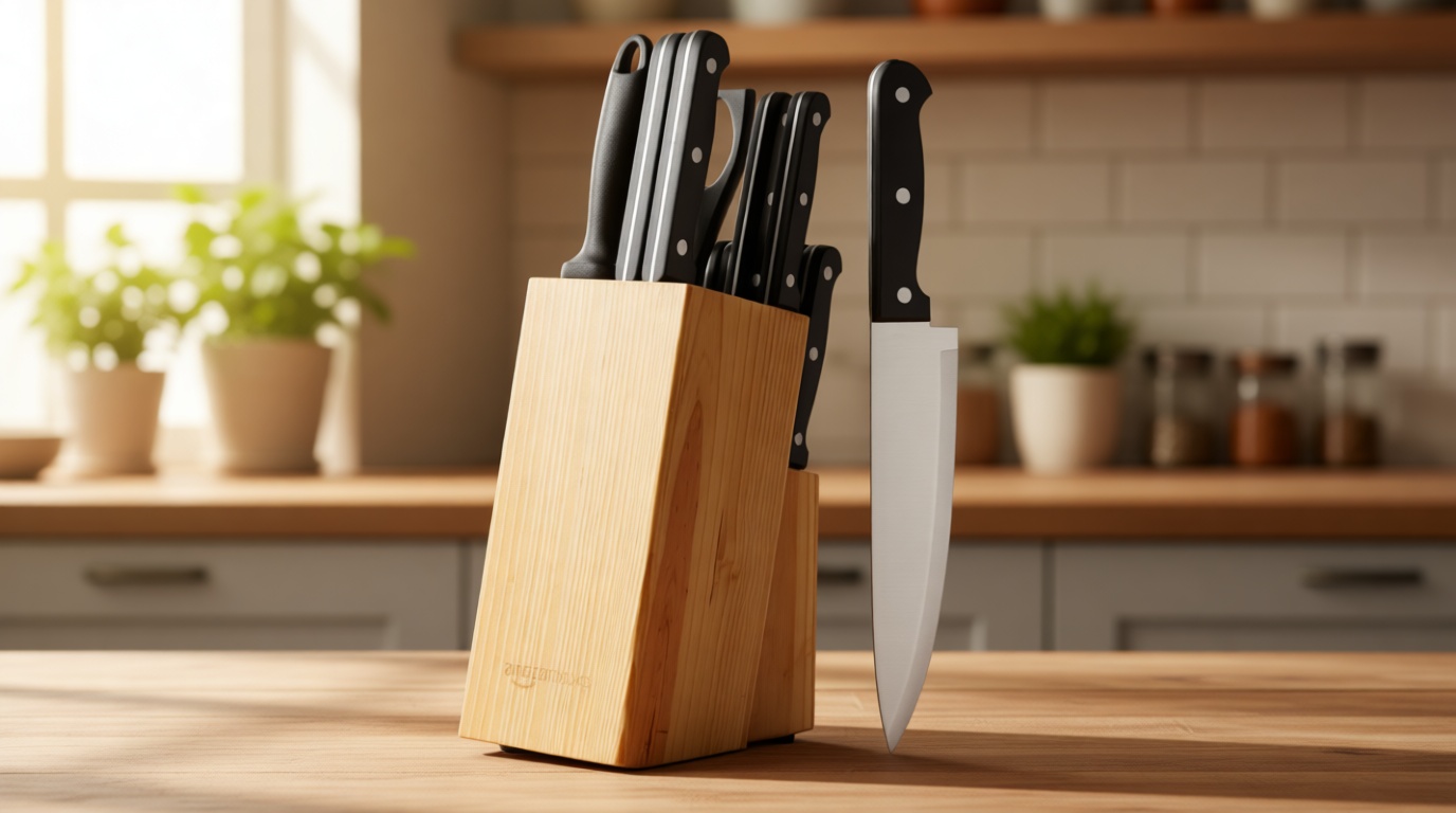 Amazon Basics 14-Piece High Carbon Stainless Steel Kitchen Knife Set with Full Tang Construction, Ergonomic Handles, Sharpener and Pinewood Block, Black