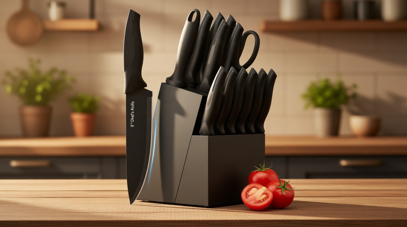 XANAPON Knife Set, 14 Pieces Kitchen Knife Set, High Carbon German Stainless Steel, Dishwasher Safe Cutlery with Sharpener, Black Recycled Claim Standard Blended