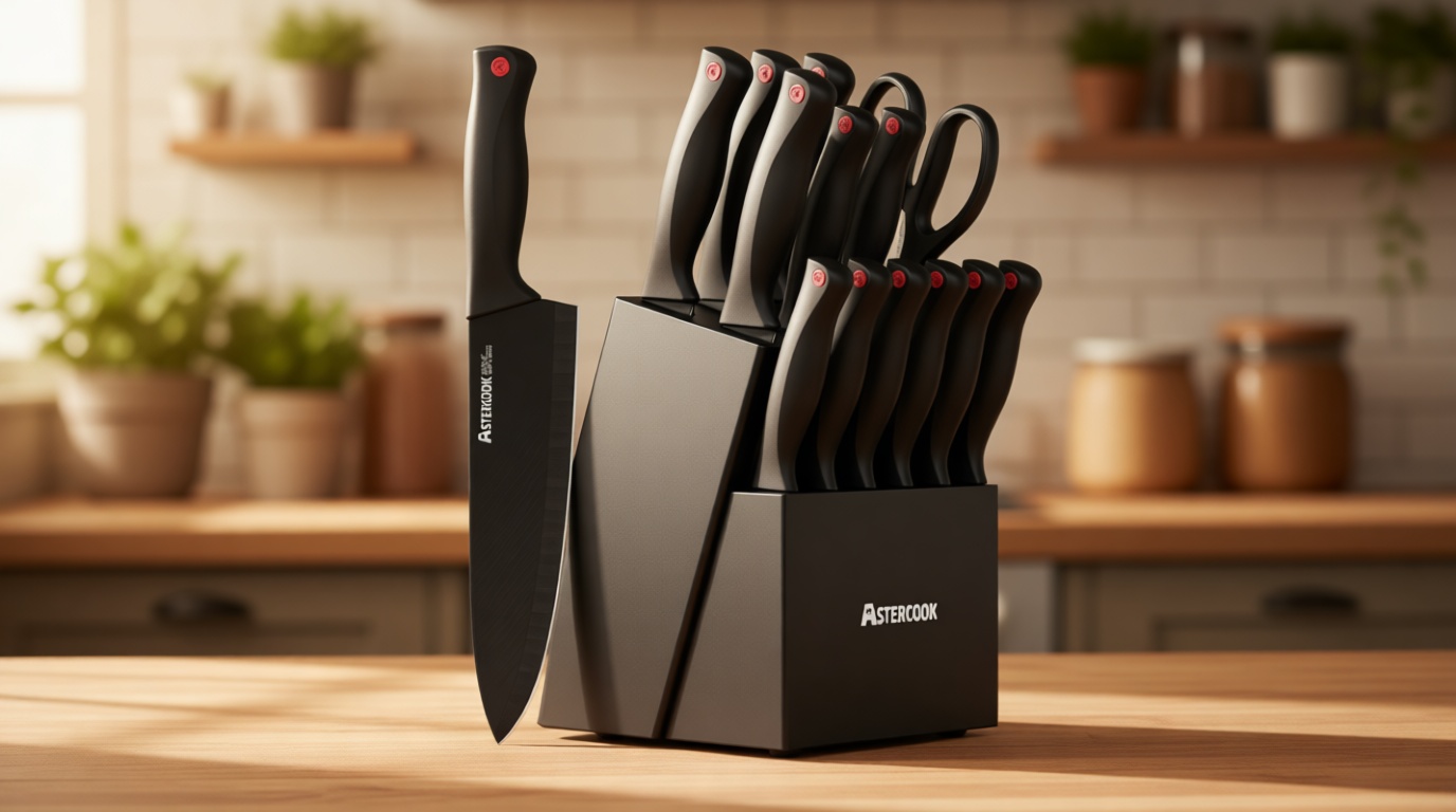 Knife Set, Astercook 15 Pieces Knife Sets for Kitchen with Block, Dishwasher Safe Kitchen Knife Set with Built in Sharpener Block, German Stainless Steel Knife Block Set, Valentine's Gift