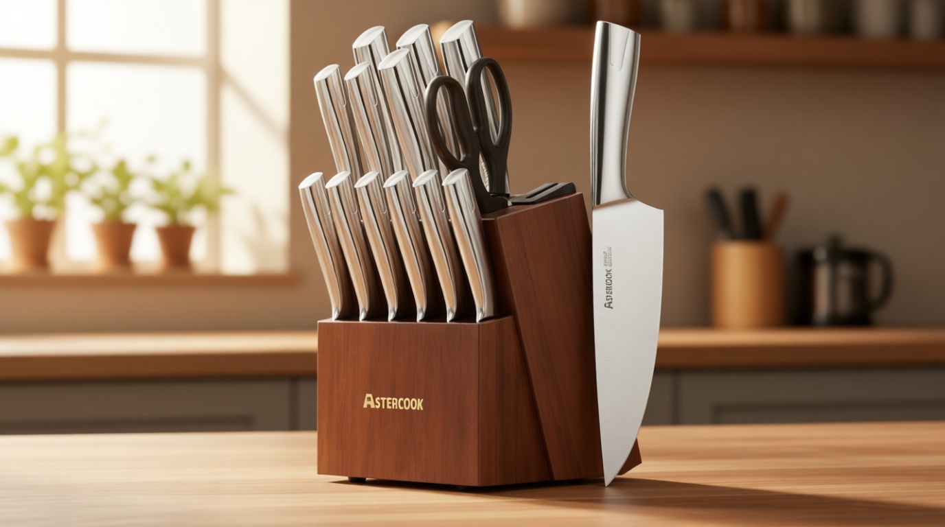 Astercook Knife Set, Kitchen Knives Set with Block and Sharpener Full Tang 15 Pcs Premium Stainless Steel Knives, Dishwasher Safe Knife Set with Anti-slip Ergonomic Handle, Walnut