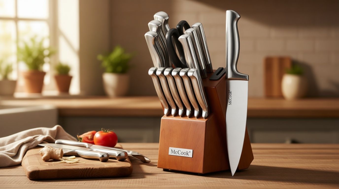 McCook® Knife Sets, German Stainless Steel Kitchen Knife Block Sets with Built-in Sharpener