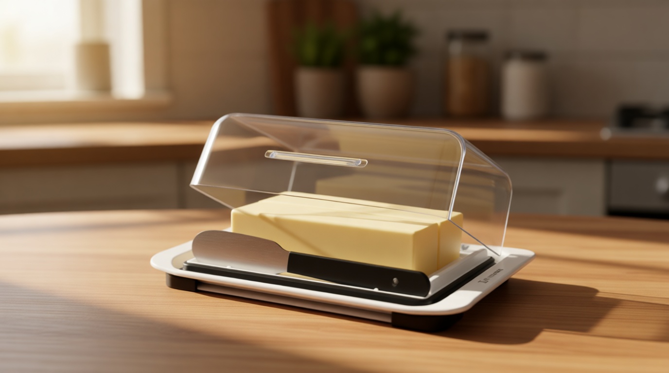 KITCHENDAO Airtight Flip-Top Butter Dish with Lid and Knife Spreader for Countertop and Refrigerator, Butter Keeper, Plastic Butter Holder Tray for 2 Sticks East Coast/ West Coast/ Kerrygold Butter