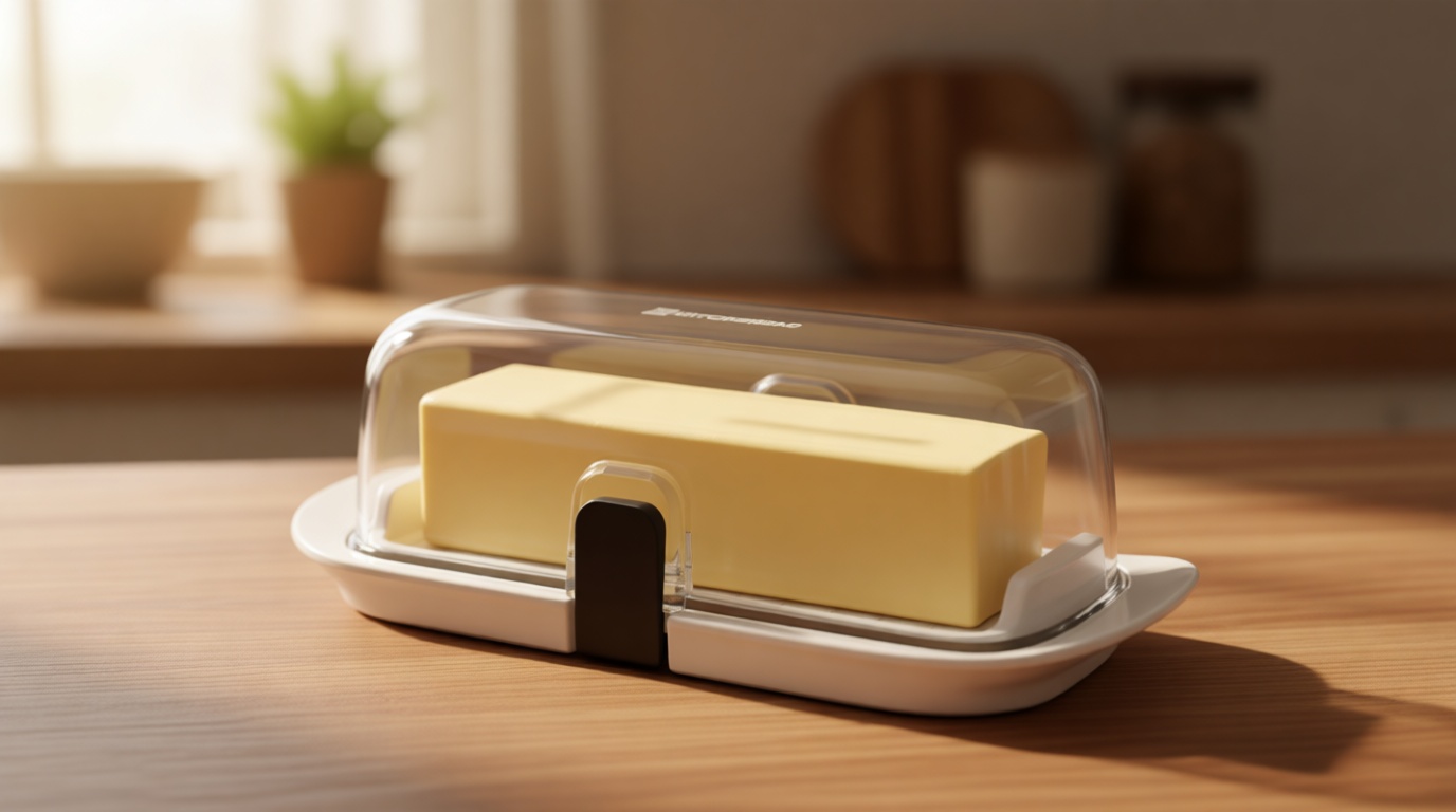 KITCHENDAO One-handed Airtight Butter Dish with Lid for Countertop and Refrigerator Door Shelf, Butter Holder with One Press to Open/Close Secure Latching Buckle for West/East Coast Butter (White)