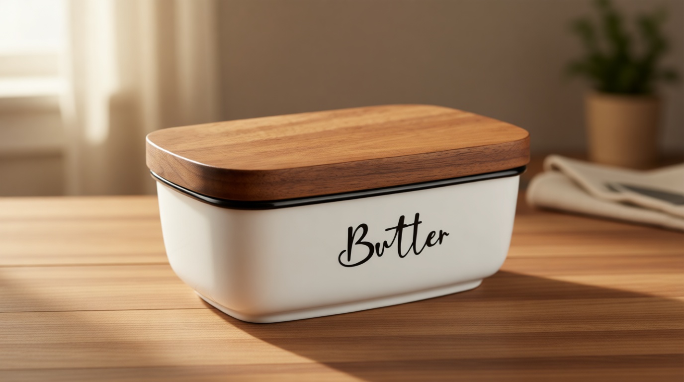 Butter Dish with Lid, ALELION Large Ceramic Butter Dish for Countertop, Butter Keeper with Thick Acacia Wood Lid, Kitchen Decor and Accessories for Kitchen Gifts, White