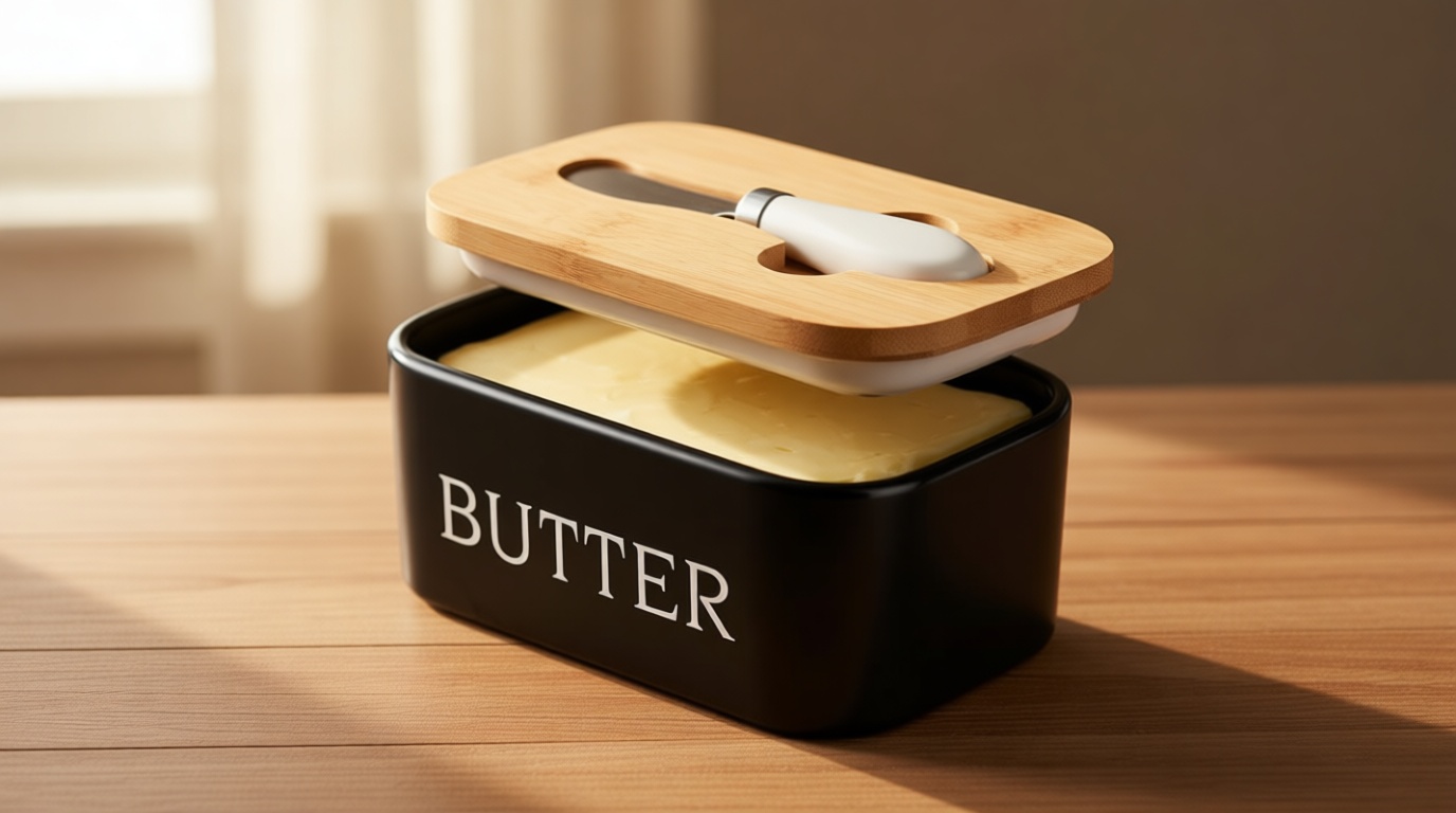 Butter Dish with Lid: Large Butter Dish for Countertop - Ceramic Butter Keeper Container with Knife and High Quality - Silicone Sealing Butter Box for Home Decor Good Kitchen Gift Black