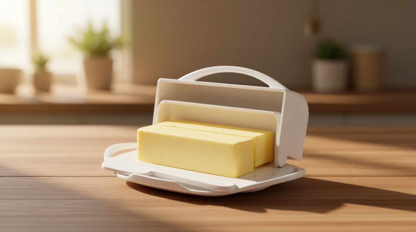 Butterie Flip Top Butter Dish with Attached Lid & Matching Knife - Holds 2 Sticks, Fits Kerrygold/European Butter - BPA Free & Dishwasher Safe - White