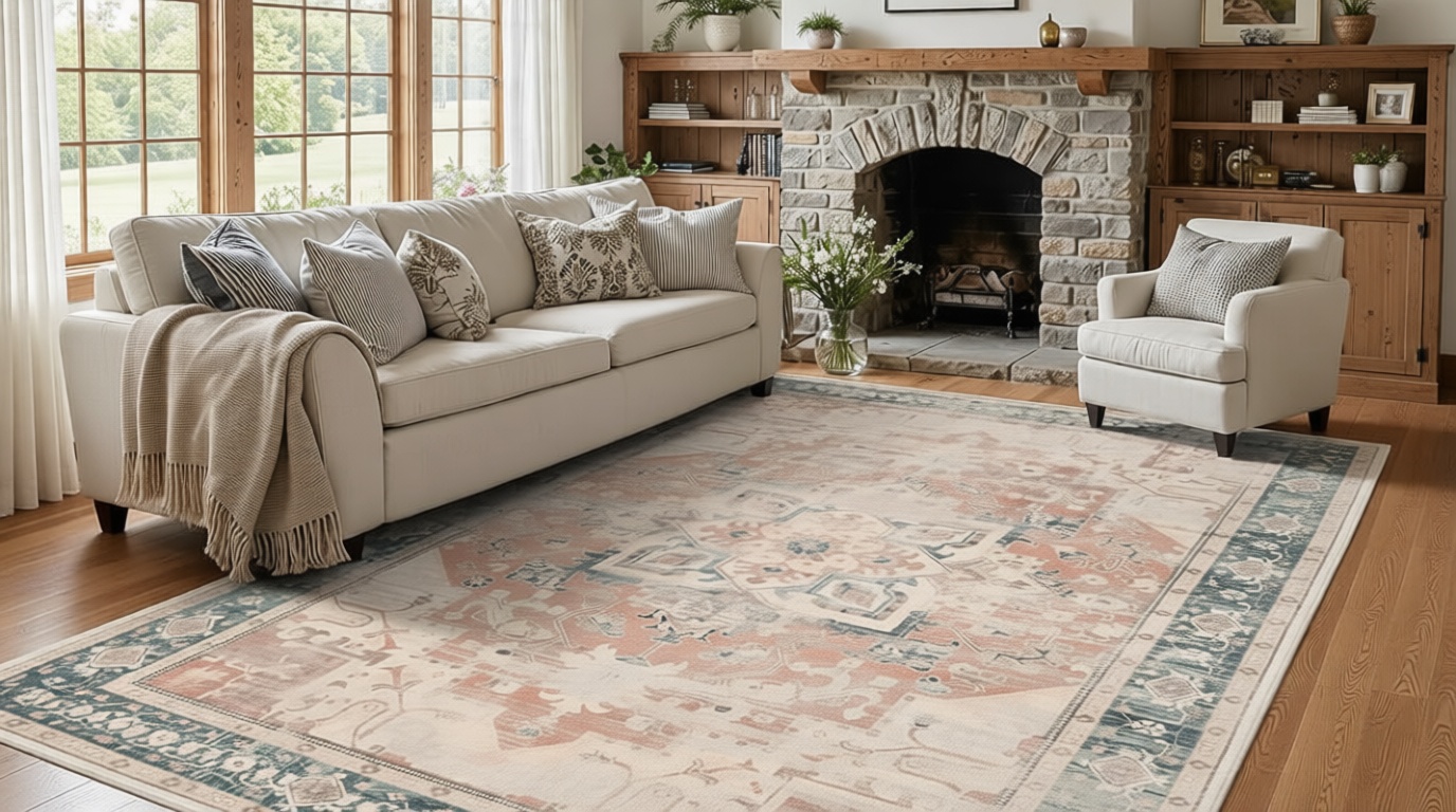 Rugxara 5X7 Washable Area Rug for Living Room, Neutral Vintage Boho Rugs for Office, Dining Room, Kids Room, Farmhouse, Low Pile Non Slip Carpet for High Traffic Areas, Coral OEKO-TEX STANDARD 100