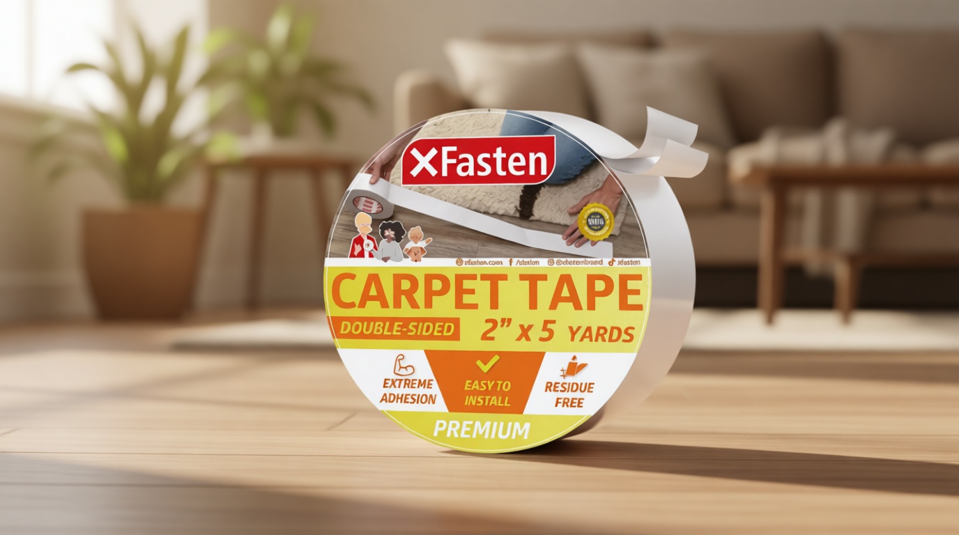 XFasten Double Sided Rug Gripper Tape - 2' x 5 Yds, 3-In Core Carpet Tape for Carpet to Carpet, Hardwood Floors, High Traffic Areas, Easy to Use Area Rug Tape