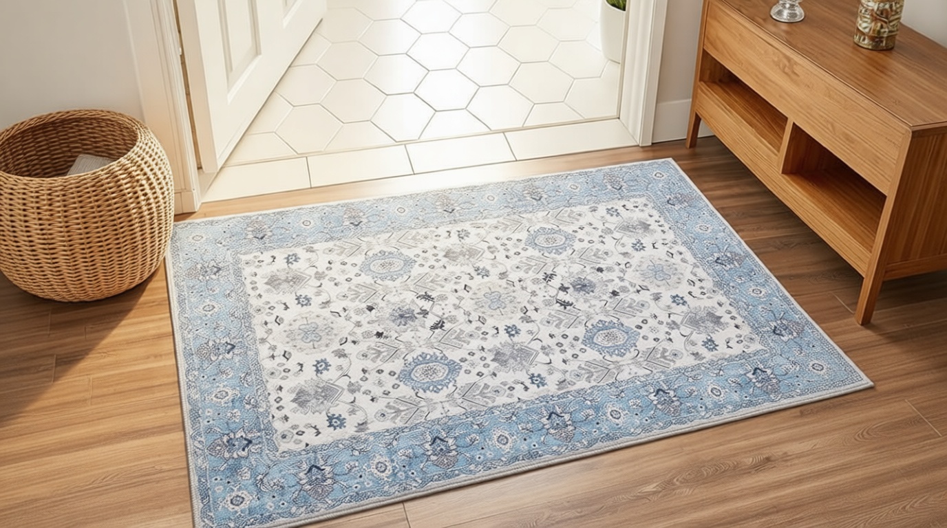 2x3 Washable Area Rug – Soft, Non-Slip Entrance Rug, Durable Indoor Door mat, Floor Carpet for High-Traffic Areas, Entryway, Kitchen, and Bedside, Cozy Elegance/Blue OEKO-TEX STANDARD 100
