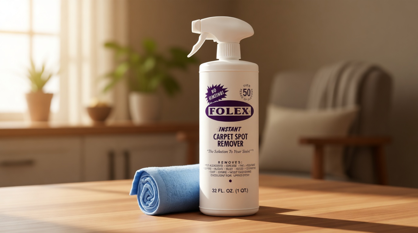 FOLEX Instant Carpet Spot Remover 32 oz – Powerful Stain Remover for Carpets, Upholstery & Rugs – Eliminates Pet Stains, Grease, Red Wine, Food, Makeup & More – With Reusable Cleaning Cloth – 1 Pack