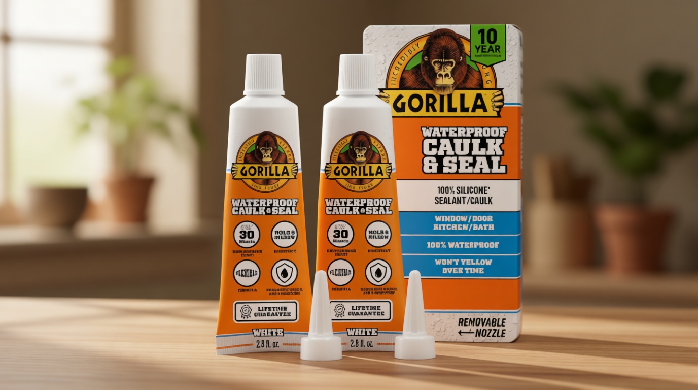 Gorilla 100% Silicone Caulk, Waterproof Sealant, 2.8oz Squeeze Tube (Pack of 2) – White -10 Year Mold Resistant Kitchen, Window, Bath, Marine, Door and More