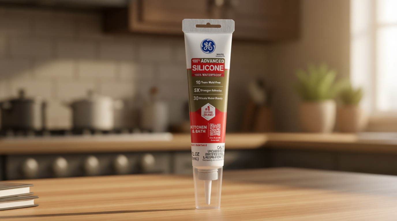 GE Advanced Silicone Caulk for Kitchen & Bathroom, White, 2.8 fl oz Tube, 1 Pack - 100% Waterproof Silicone Sealant, 5X Stronger Adhesion, Shrink & Crack Proof