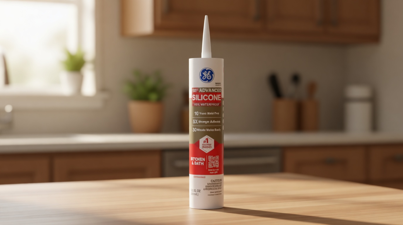 GE Advanced Silicone Caulk for Kitchen & Bathroom, White, 10 fl oz Cartridge, 1 Pack - 100% Waterproof Silicone Sealant, 5X Stronger Adhesion, Shrink & Crack Proof