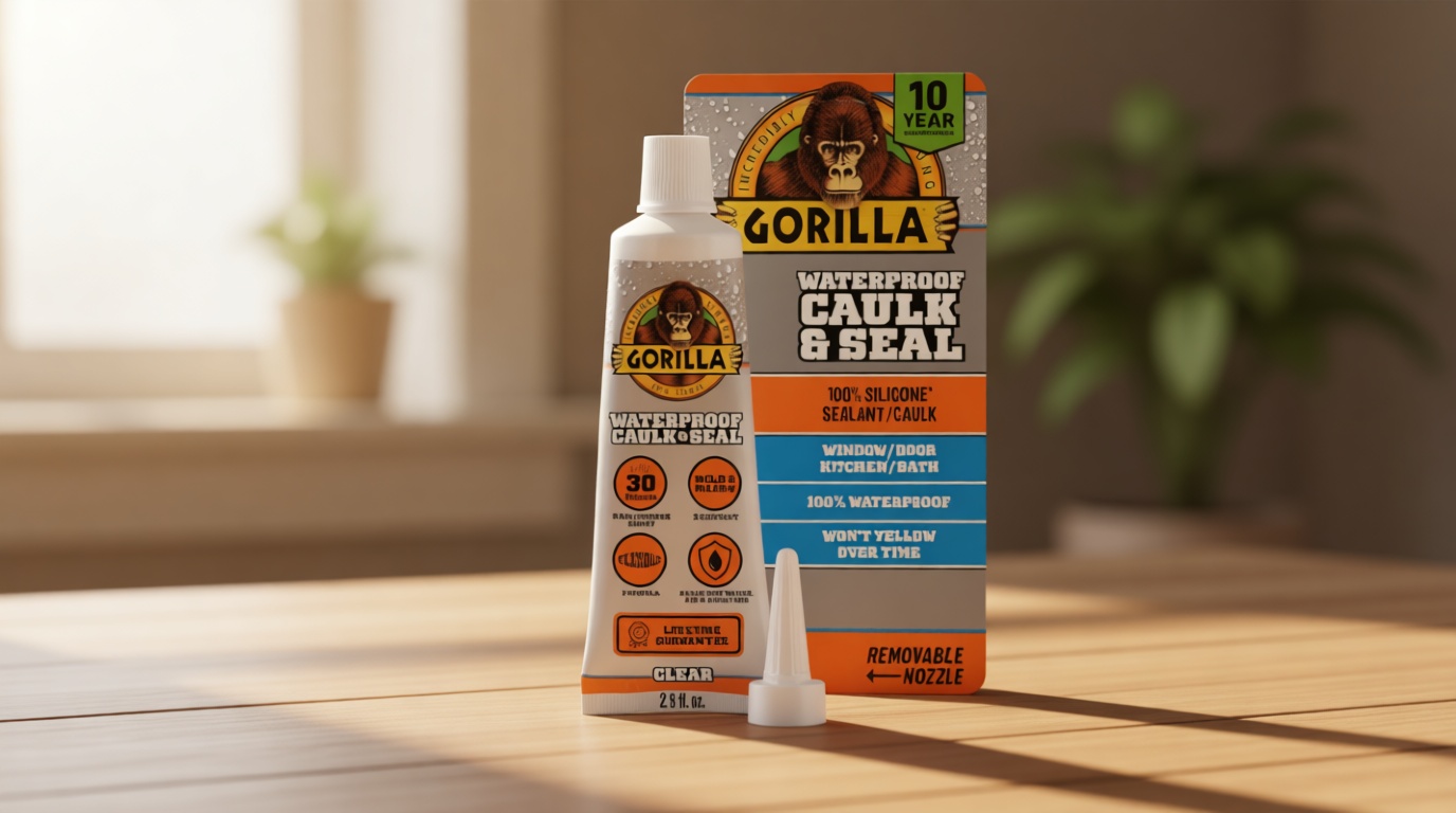 Gorilla 100% Silicone Caulk, Waterproof Sealant, 2.8oz Squeeze Tube (Pack of 1) – Clear -10 Year Mold Resistant Kitchen, Window, Bath, Marine, Door and More