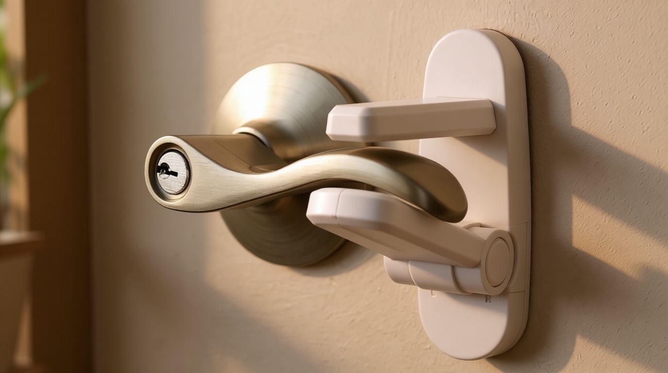 Door Lever Lock (2 Pack) – Prevents Toddlers from Opening Doors – Easy One-Hand Operation for Adults – Durable ABS with 3M Adhesive Backing – No Tools Needed for Install