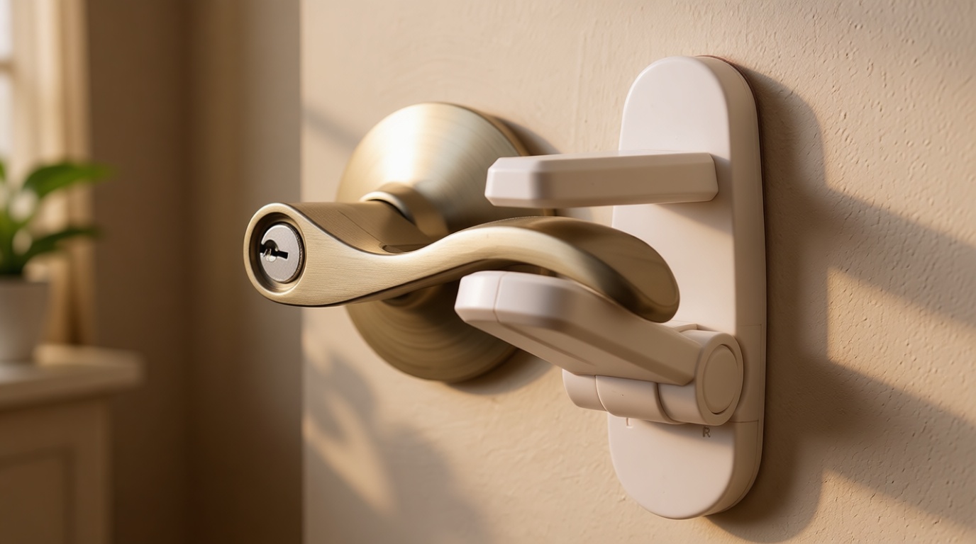 Door Lever Lock (1 Pack) Prevents Toddlers from Opening Doors. 3.25" L * 1.5" W * 4.5" H Easy One Hand Operation for Adults. Durable ABS with 3M Adhesive Backing. Simple Install, No Tools Needed.