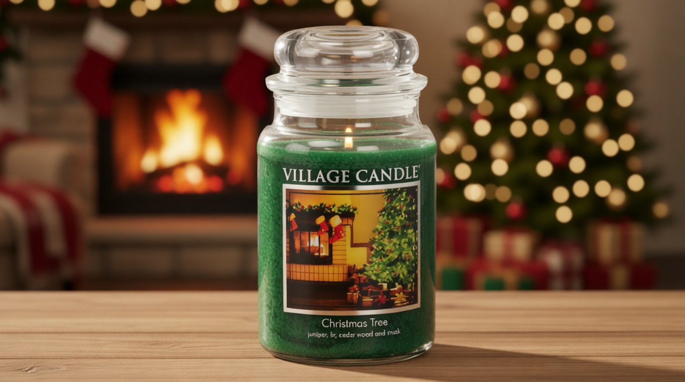Village Candle Christmas Tree Large Glass Apothecary Jar Scented Candle, (26oz), Green