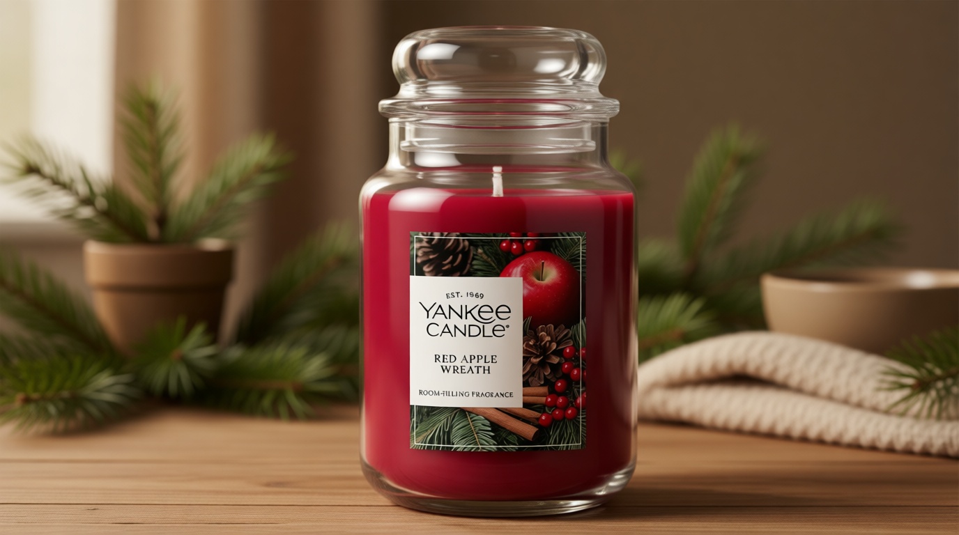 Yankee Candle Red Apple Wreath, Scented Candle, 22oz Large Jar with up to 150 Hour Burn Time, Giftable