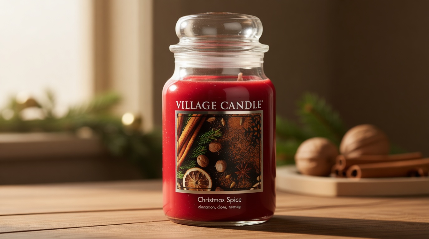 Village Candle Christmas Spice, Large Glass Apothecary Jar Scented Candle, 21.25 oz, Red