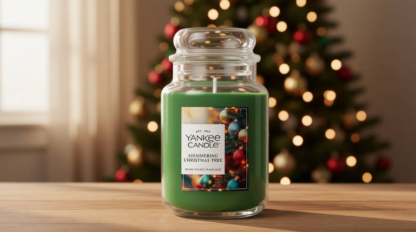 Yankee Candle Shimmering Christmas Tree, Christmas Scented Candle, 22oz Large Jar with up to 150 Hour Burn Time, Giftable