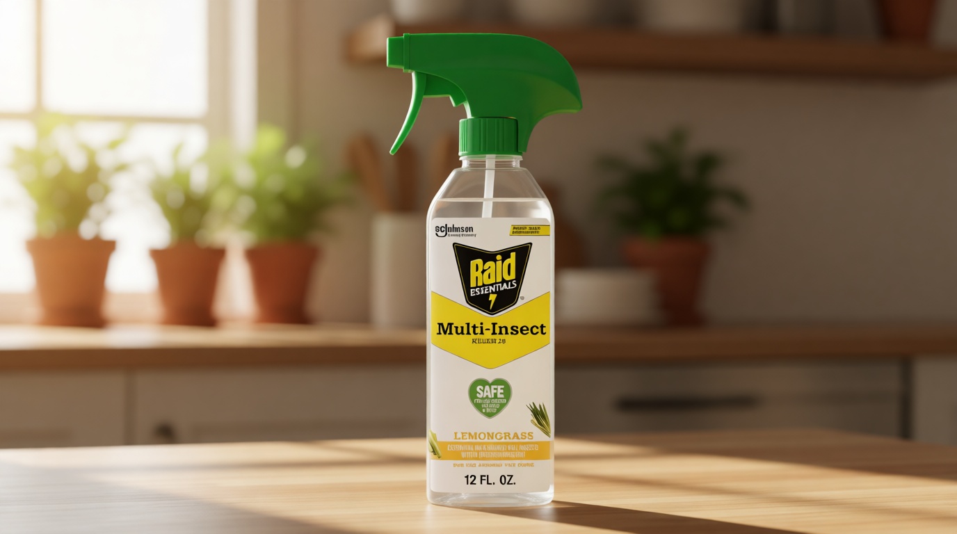 Raid Essentials Multi-Insect Killer Spray, Child and Pet Safe, for Indoor Use, Lemongrass Scent, 12 fl oz