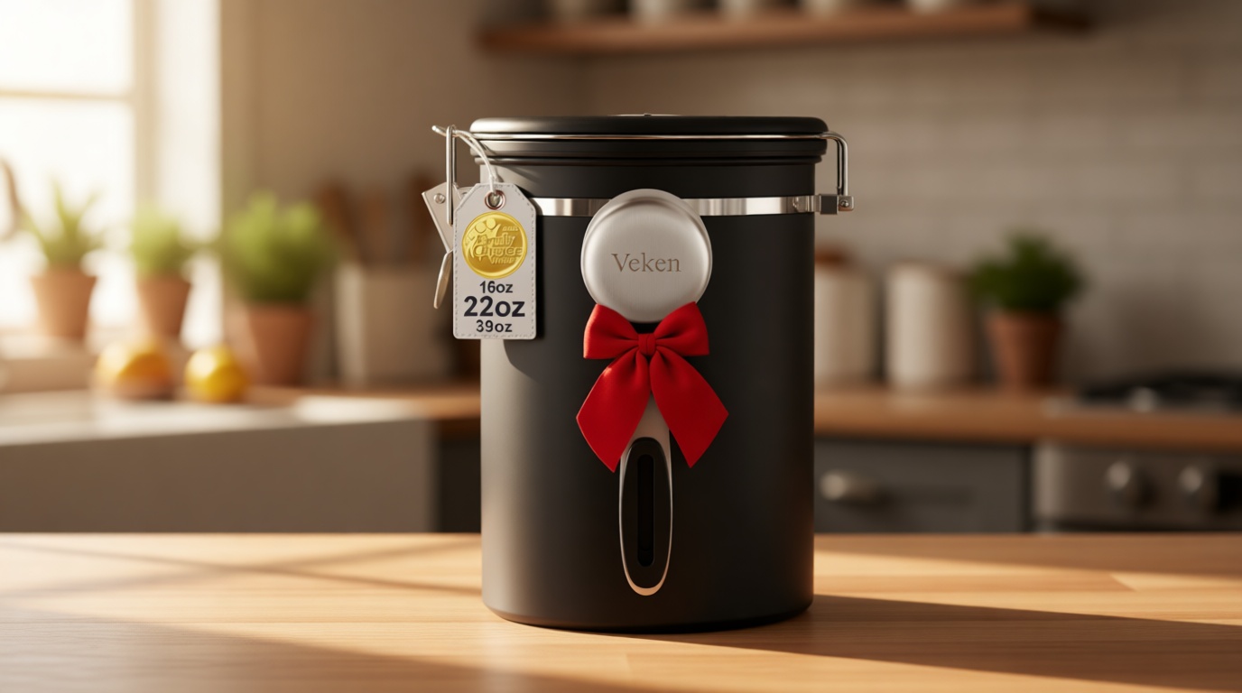 Veken Coffee Canister with Window,Airtight Stainless Steel Pantry Container,Home Kitchen Food Storage Organizers for Ground,Beans,Espresso,Rice,Tea,Sugar,Cereal, Decor,Bar Accessories,Gifts,22OZ,Black