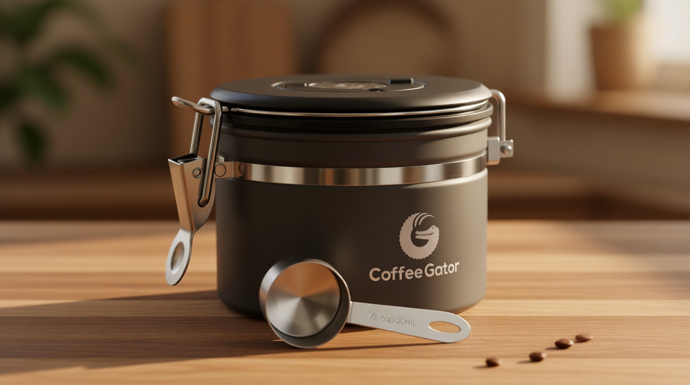 Coffee Gator Coffee Canister, 11oz Airtight Stainless Steel Kitchen Food Storage Container with Date-Tracker, CO2-Release Valve and Scoop for Beans, Grounds, Sugar, Cookies Jars, Tea, Cereal - Gray