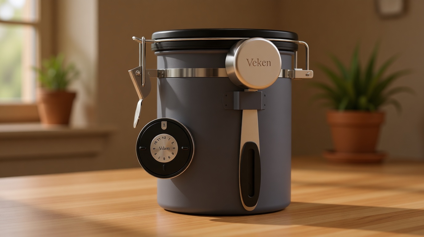 Veken Coffee Canister, Airtight Stainless Steel Kitchen Food Storage Container with Date Tracker and Scoop for Beans, Grounds, Tea, Flour, Cereal, Sugar, 16OZ, Gray