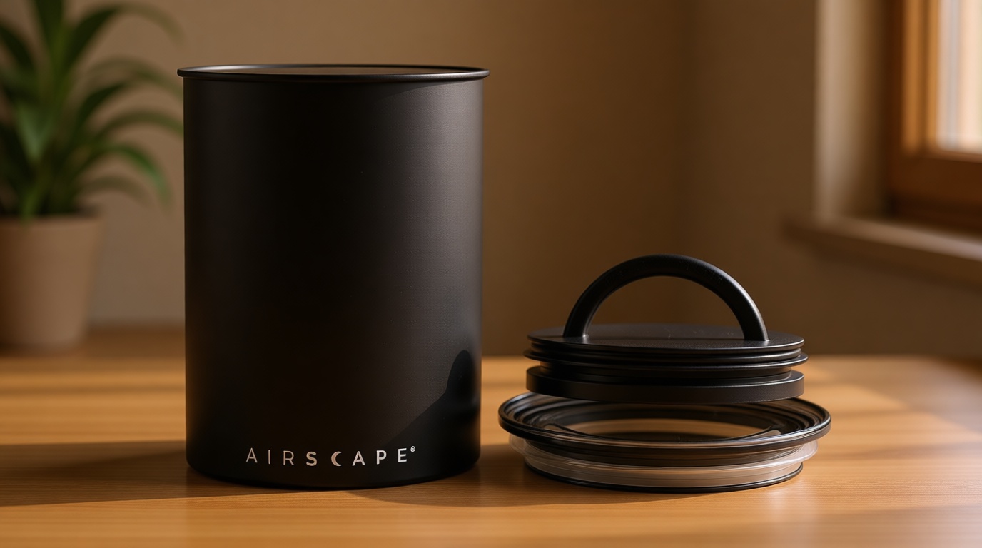 AirScape Planetary Design Stainless Steel Coffee Canister | Food Storage Container | US Patented Inner Plunger Lid REMOVES Excess Oxygen | Don't Buy airtight, Buy AIR-Less | (Medium, Matte Black)