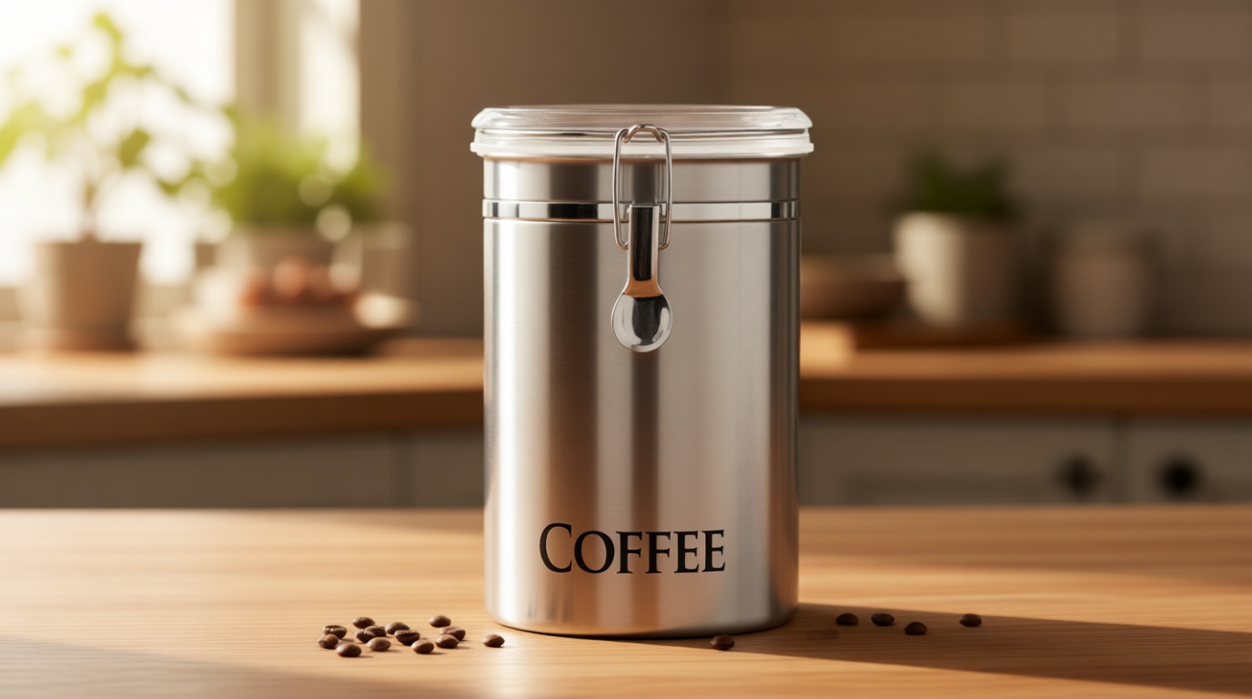 Oggi Stainless Steel Coffee Canister 62 fl oz - Airtight Clamp Lid, Clear See-Thru Top - Ideal for Coffee Bean Storage, Ground Coffee Storage, Kitchen Storage, Pantry Storage. Large Size 5" x 7.5".