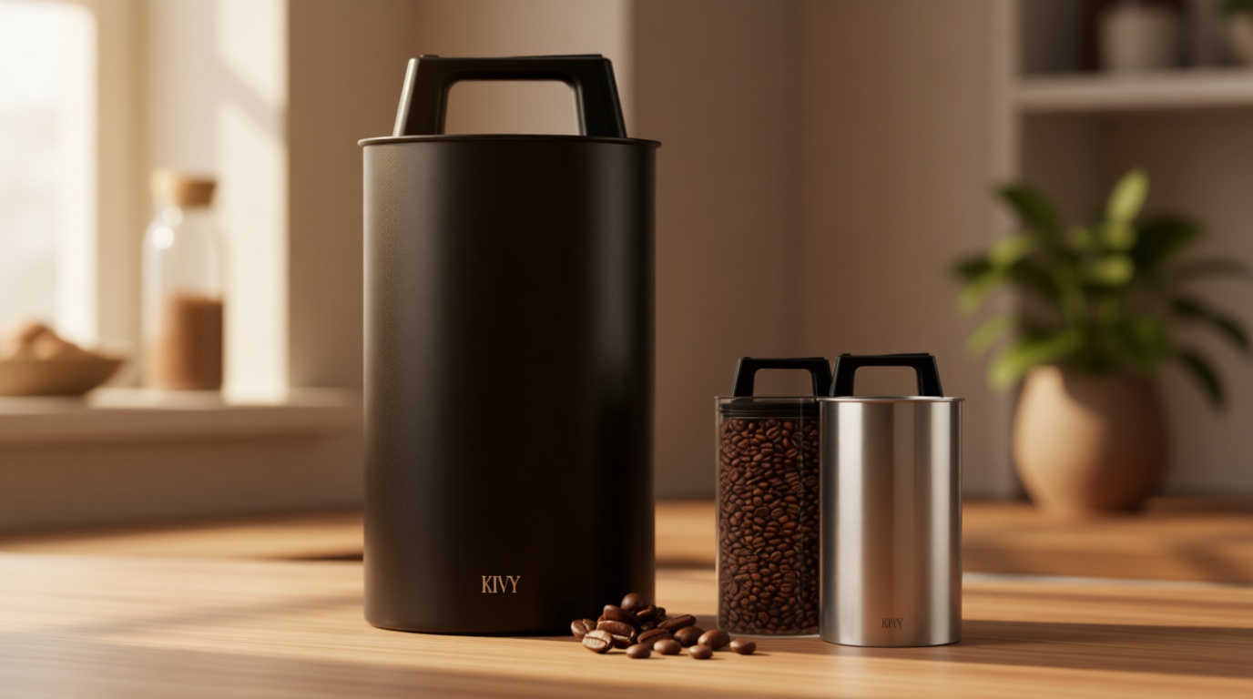 KIVY Vacuum Coffee Canister - Push Lid Preserves Coffee Aroma & Oil - Stainless Steel Airtight Coffee Canister - Container for Ground & Coffee Bean Storage - Coffee Storage Jar - Removes Excess Air