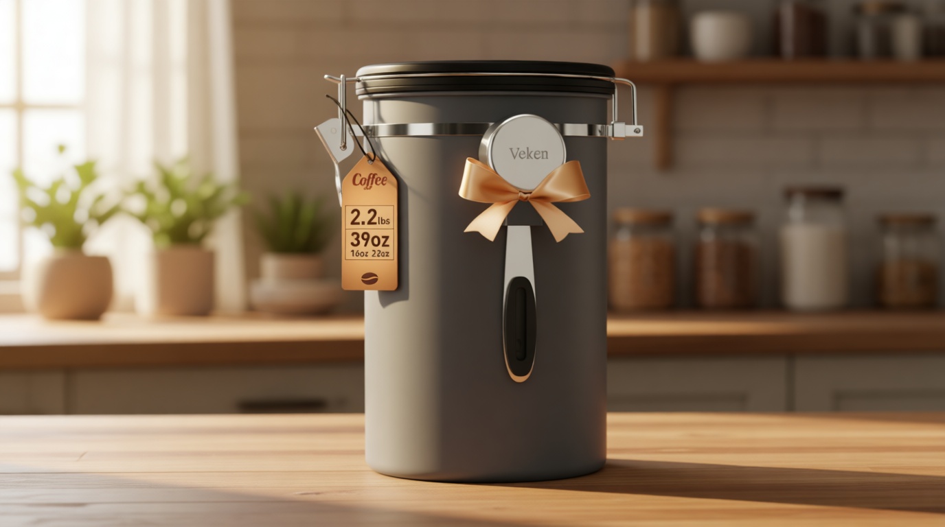 Veken Coffee Canister, 39OZ Large, Airtight Stainless Steel Food Storage Container for 2.2lbs Coffee Beans,Ground, Sugar,Espresso,Rice,Tea,Flour, Cereal,Home Kitchen Pantry Bar Accessories, Gifts,Gray