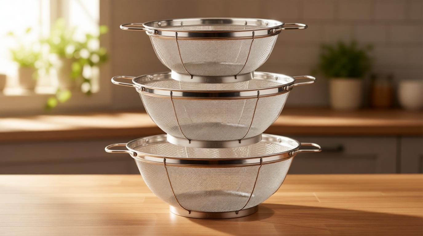 3 Pack 18/8 Stainless Steel Colander Sieves(5-Quart, 4-Quart and 3-Quart), Mesh Strainer Net Baskets with Handles & Resting Base for Strain, Drain, Rinse or Steam